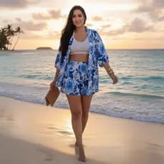 Conjunto femenino Kimono Floral  – Saída de Praia ou Look Casual Chic