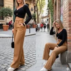 “Calça Pantalona feminina Cintura Alta 2 Botões, Bolsos Laterais – Moda Chique e Casual”