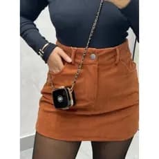 SAIA - Feminina Veludo Cotelê Curta Cintura Alta Elegante Moda Inverno Casual com Bolsos