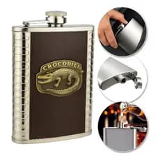 Cantil Metálico de Bolso em Aço Inox 240ml para Bebidas Tampa Rosqueável Cor Marrom