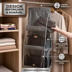 Organizador De Bolsas Suspenso Cabide Para Guarda Roupa 6 Nichos Bolsos Transparente Anti Poeira Armário Multiuso Kit
