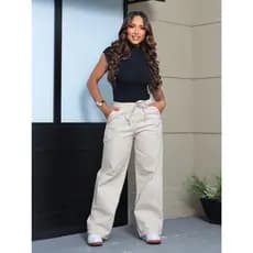 Calça Wide Leg com Elástico no Cós Calça Pantalona de Sarja Calça de Rica Calça Cintura Elástica