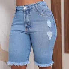 Bermuda Jeans Feminina Jorts Cintura Alta 100% Algodão Barra Desfiada Shorts Jeans Shorts Ciclista