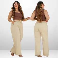 Calça Pantalona com Elástico na Cintura Wide Leg Elástico no Cós com Amarração Calça com Elástico