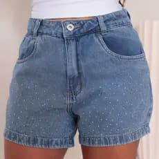 Shorts Jeans Feminino com Strass Shorts Jeans com Brilho Moda Gringa Shorts Jeans Blogueira Brilho