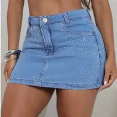 Mini saia jeans com strass feminina 100% algodão saia com brilho verão
