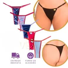 Kit Calcinhas Kit Fio Dental Feminina Tam Único Forro Algodão Confortável Estampas Diversas