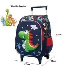 mochila escolar menino creche pequeno dinossauro 3D medidas 32x27x15