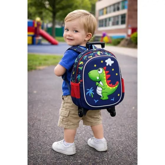mochila rodinha masculino creche pequeno dinossaurio 3D medida 32x27x15cm