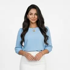 Blusa Feminina Elegante Manga 3/4 Bufante Princesa em Tecido Duna Gola Redonda Moda Evangélica