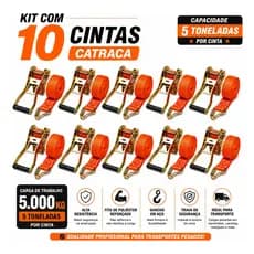 Kit 10 Catraca + 10 Cinta Amarração 5 Ton 9 Metros Rabicho J
