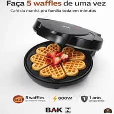 Máquina De Waffle Elétrica Bak 800w Faz 5 Waffles Anti Adere