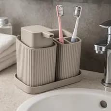 Kit 2 Acessórios Para Banheiro Lavabo Duo Porta Sabonete Liquido Porta Escovas Com Bandeja Envio Imediato