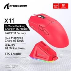 Rato Sem Fio Attack Shark X11 , Conexão Tri-Mode 2.4GHz/Wired/Bluetooth PAW3311 22000DPI 400IPS RGB PC Gaming Mouse