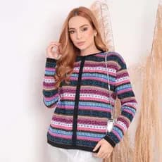 Casaco Feminino Cardigan Tricot Jaquard de Lã Colorido com Botão Manga Longa Elegante Outono Inverno