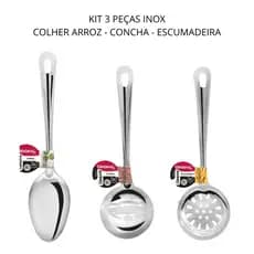 Utensilios para Cozinha INOX 3pçs -  Escumadeira Colher de Arroz Concha Louça Comida Casa