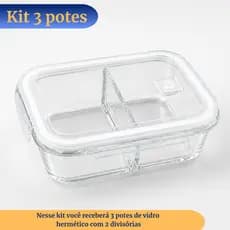 Kit 3 Marmitas De Vidro 1000ml 2 Divisórias | Hermética | Anti Vazamento | Rotina Fitness | Organização