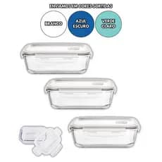Kit com 03 Potes Herméticos 620ml Retangular Vidro c/ Trava e Válvula