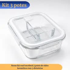 Pote Hermético de Vidro com 3 Divisórias 1000ml Kit Com 3