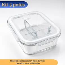 Kit Com 5 Potes Herméticos de Vidro com 3 Divisórias 1000ml | Dieta | Organização | Marmita