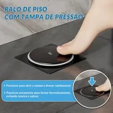 Ralo de Piso Quadrado Preto Click Tampa Pressão Vedação Hermética Antinseto Metal 10x10cm