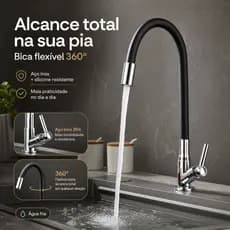 Torneira Cozinha Monocomando Água Fria Preto Fosco Bancada Flexível Giratório 360° Aço Inox Gourmet