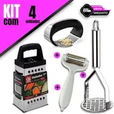 Kit Ralador 4 Faces + Amassador de Alho + Amassador de Batatas + Descascador de Legumes Ideal para Sua Cozinha