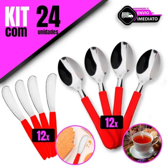 Kit 12 Colheres de Chá e 12 Espátulas de Manteiga com Cabo Vermelho - Ideal Para Sua Cozinha Cafeteria Lanchonete