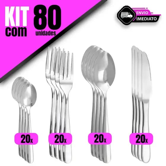 Jogo de Talheres Aço Inox 80 Peças 20 Garfo 20 Faca 20 Colher e 20 Colher Sobremesa para Sua Cozinha