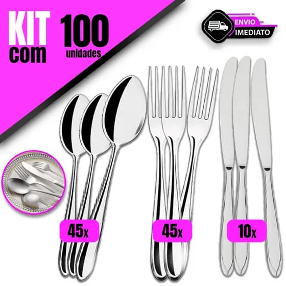 Kit Talheres 100 Peças- 45 Garfos e 45 Facas e 10 Colheres Aço Inox Para Restaurante Buffet Bar e Jantar