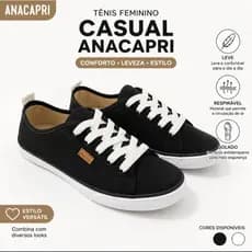 Tênis Feminino Casual AnaCapri Preto Leve Confortável Dia a Dia