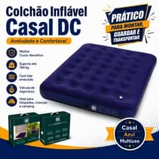 Colchão Inflável Casal com Bomba de Pé Ar Embutida Aveludado Multiuso Camping Mor Azul