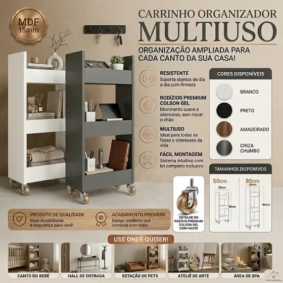 Carrinho Organizador Multiuso Estreito com Rodinhas em MDF 50cm e 80cm para Cozinha, Lavanderia, Banheiro e Área