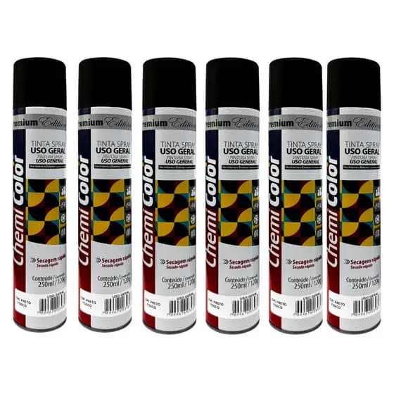 Kit 6 Tinta Spray Preto Fosco 250ml Uso Geral Chemicolor