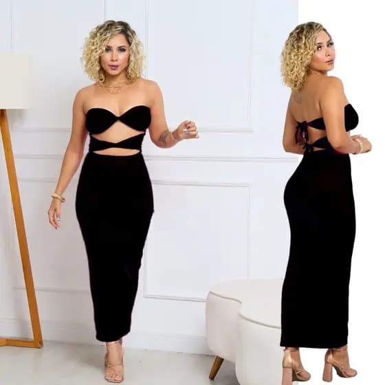 Vestido Longo Cruzado Comprido Tiras de Amarrar Suplex
