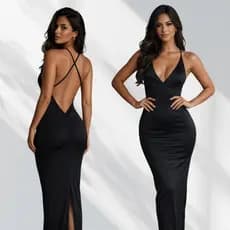 Vestido Longo Preto Suplex Premium Empina Bumbum Decote Profundo Costas Abertas Fenda Festa 36 ao 42