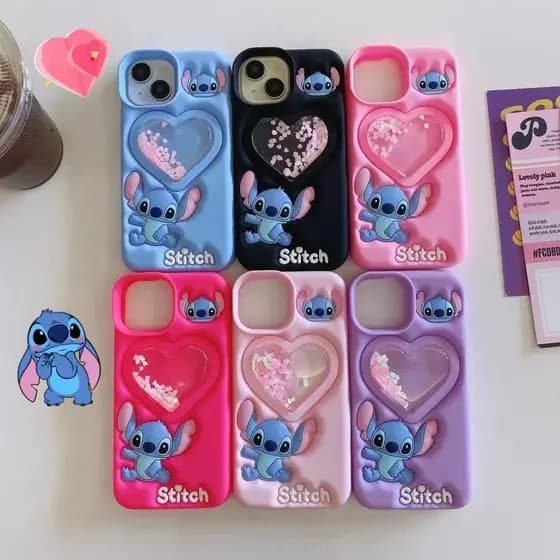 Capinha iphone 11/12/13/14/15 Pro max,Capinha 3d de silicone do stitch,Capa de silicone para celular à prova de choque, areia movediça em forma de coração, anime fofo stitch