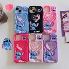 Capinha iphone 11/12/13/14/15 Pro max,Capinha 3d de silicone do stitch,Capa de silicone para celular à prova de choque, areia movediça em forma de coração, anime fofo stitch