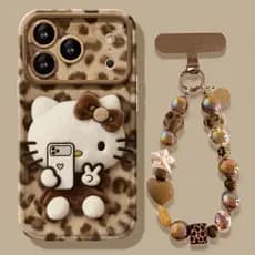 Capa de telefone com suporte de espelho HelloKitty com estampa de leopardo com corrente, iPhone 17 17Pro 17ProMax Air 11