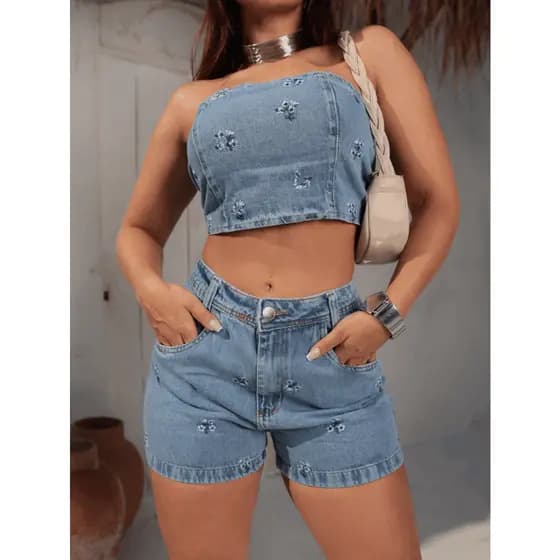Anaoffice 3015 8380 conjunto feminina jeans colorido Roupa de 2pçs cropped com short blusa