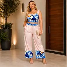 Conjunto Feminino Elegante De Duas Pecas Estampa INSPIRACON FA Cropped E Calça Pantalona chega hoje