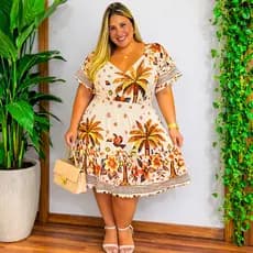 Vestido curto Plus Size Feminino Midi Estampado lovit Boho Chic com Babados – Elegância e Conforto vestido verão 2026,
