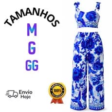 Conjunto Feminino Elegante De Duas Pecas Estampado Cropped E Calça Pantalona Aura chega hoje