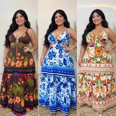 Vestido Longo Feminino Argola no tórax Decote em V