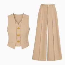 Conjunto Alfaiataria Feminina Luxo Bege Colete Acinturado + Calça Pantalona Wide Leg Premium Elegante & Sofisticad
