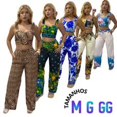 conjunto feminino luxo | calça pantalona e Coppe com bojo | Alça regulagem Estampa FA2026 leve muito bom para usar