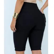 Bermudas Malha Jeans cotton cintura alta com barinha virada na perna comprimento ate o joelho