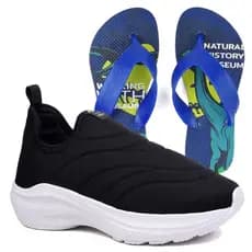 Kit Tenis Infantil Menino Calce Fácil Preto e Branco + Chinelo Promoção