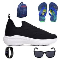 Kit Tenis Infantil Menino Calce Fácil Preto Branco + Mochila + Chinelo + Relógio + Óculos