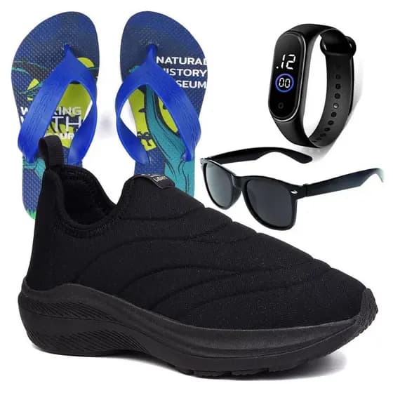 Tenis Infantil Menino Calce Fácil Preto Promoção + Chinelo + Relógio + Óculos